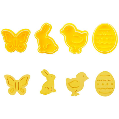 Set mit 4 Ausstechformen aus Kunststoff in Osterformen (Schmetterling, Hase, Küken, Ei) zum Backen und Dekorieren von Kuchen.