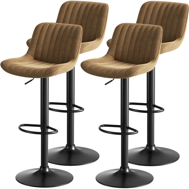 Stilvora Set Mit 4 Barhockern Höhenverstellbar Mit Rückenlehne Und Drehbarer Sitzfläche, Eisen, Metall, Holz Und Samt, Braun