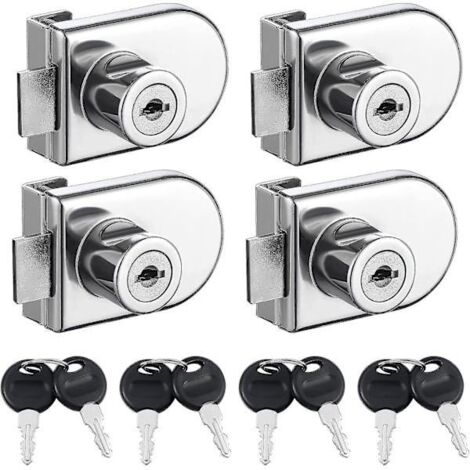 Set mit 4 bohrfreien Schlössern für Glasvitrinentüren – Einzeltürschlösser mit passenden Schlüsseln, Sicherheitsschlösser für Doppeltüren – Geeignet für 5 bis 8 mm Glas