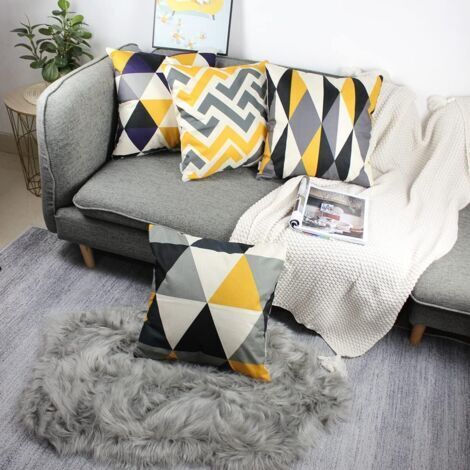 Set mit 4 dekorativen Kissenbezügen 45 x 45 cm – Geometrisches Leinenmuster in Gelb und Grau – Verstärkte Nähte – Verdeckter Reißverschluss – GRAU 18 x