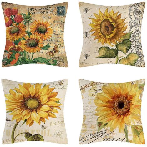 Set mit 4 dekorativen Sonnenblumen-Kissenbezügen (45 x 45 cm) mit wasserabweisendem Sonnenblumenmuster, ideal für die Terrasse