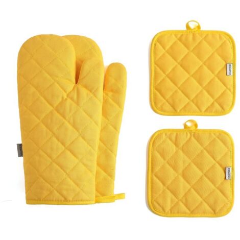 Set mit 4 dicken Baumwoll-Ofenhandschuhen, hitzebeständig bis 500 °C, 30 cm lang, gelb, mit Topflappen, Hitzeschutz, Unterarmlänge, für Grill und Backofen
