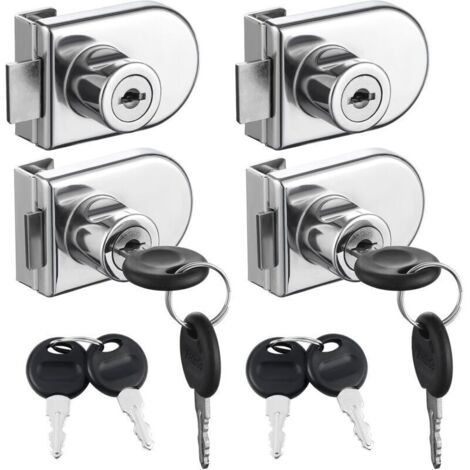 Set mit 4 Doppeltür-Sicherheitsschlössern für Glasvitrinen, geeignet für Glastüren mit einer Stärke von 0,5 bis 0,8 cm, separate Schlüssel, kein Bohren erforderlich, Zinklegierung mit 8 Schlüsseln