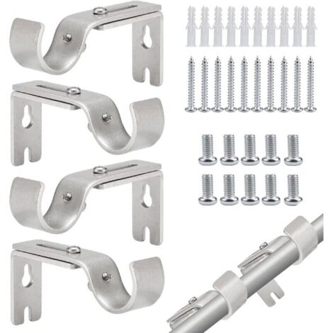 Set mit 4 Gardinenstangenhalterungen (9 x 2 x 4 cm), inklusive 10 weißen Kunststoffrohren, 10 langen und 2 kurzen Schrauben geeignet für Büro, Gardinen und Wohnaccessoires.