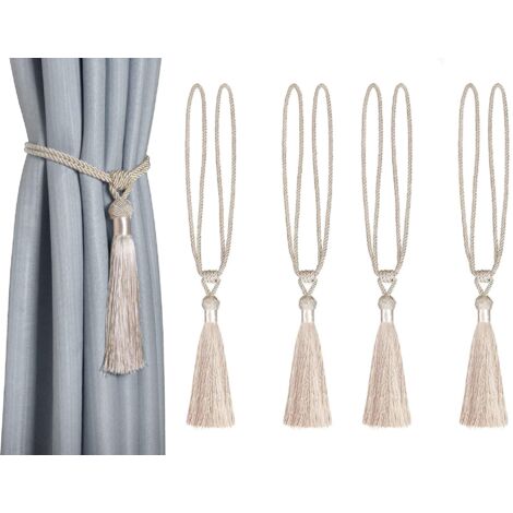 Set mit 4 geflochtenen Raffhaltern aus Polyester-Baumwoll-Gewebe mit Quaste, dekoratives Gardinenzubehör, Beige