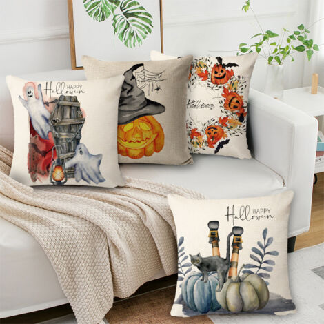 Set mit 4 Halloween-Kissenbezügen, hübsche Kürbis-Kissenbezüge (45x45 cm)
