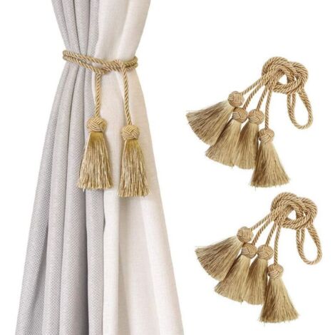 Set mit 4 handgefertigten Raffhaltern. Dekorative Raffhalter mit Quasten (gold, 4er-Set).