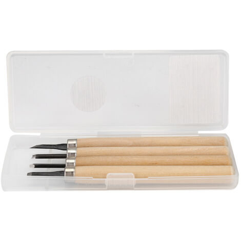 Set mit 4 Holzschnitzwerkzeugen, bestehend aus Messern und Gummi-Schärfer.