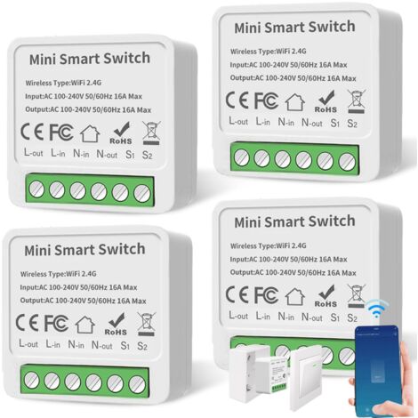 Set mit 4 intelligenten Einweg-Schaltermodulen – Kompatibel mit Smart Life – Mini-DIY-Module – Intelligenter Schalter – WLAN-Schalter – Kompatibel mit Tuya, Alexa Echo und Google Home