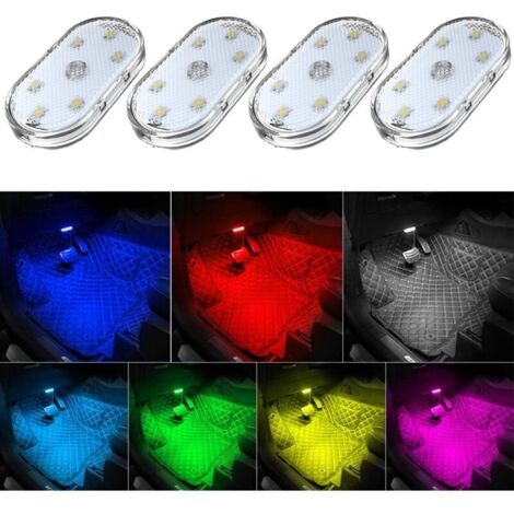 Set mit 4 kabellosen LED-Innenraumleuchten für Autos, 7 Farben, mit 6 hellen LEDs, USB-aufladbar, ideal zur Dekoration Ihres Autos