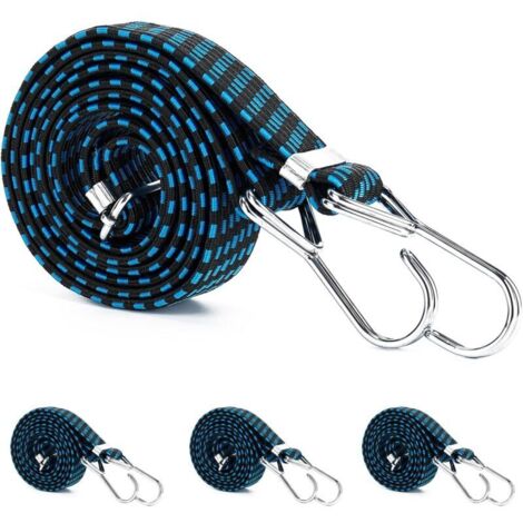 Set mit 4 langen, elastischen Bungee-Seilen mit stabilen Haken - Hochwertige elastische Gurte für Gepäck, Fahrräder, Camping, Auto - Planenbefestigung (200 cm, blau)