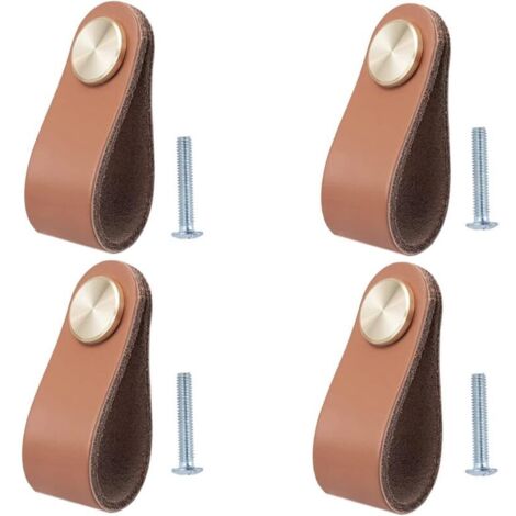 Set mit 4 Ledermöbelgriffen, Schranktürknöpfen, Lederschubladenknöpfen, Vintage-Möbelgriffen für Schränke, Co