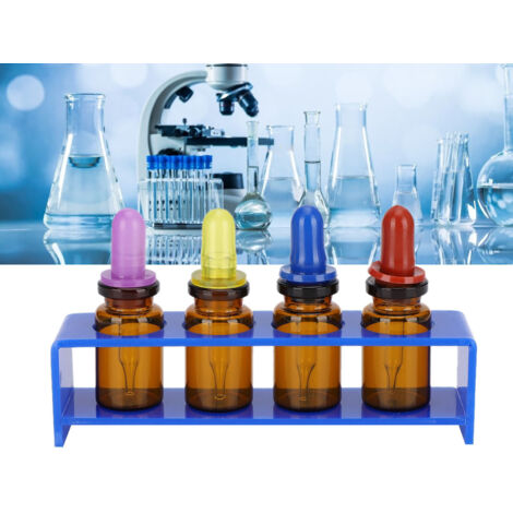 Set mit 4 leeren blauen Tropfflaschen mit Ständer, ideal für ätherische Öle, Parfums und Zahnpflegeprodukte.