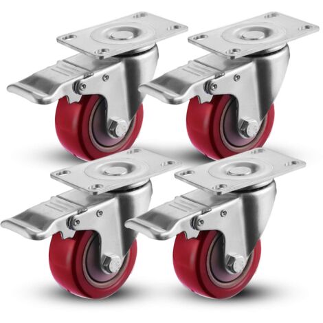 Set mit 4 Lenkrollen für Möbel, Rolle mit Bremse 75 mm, Rot