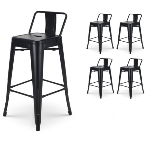 Set mit 4 mattschwarzen Metall-Barhockern im Industriestil - Mit Rückenlehne - Höhe 76 cm