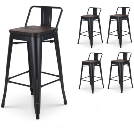 Set mit 4 mattschwarzen Metall-Barhockern im Industriestil mit Rückenlehne und Sitz aus dunklem Holz - Höhe 66 cm
