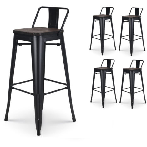 Set mit 4 mattschwarzen Metall-Barhockern im Industriestil mit Rückenlehne und Sitz aus dunklem Holz - Höhe 76 cm