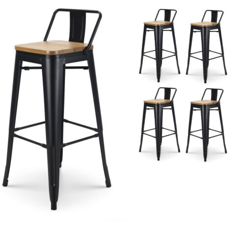 Set mit 4 mattschwarzen Metall-Barhockern im Industriestil mit Rückenlehne und Sitz aus hellem Holz - Höhe 76 cm