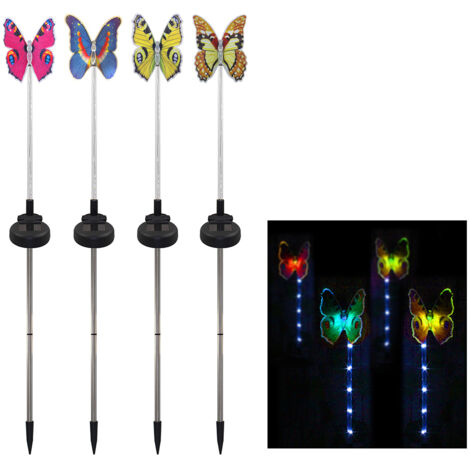 Set mit 4 mehrfarbigen LED-Solar-Gartenleuchten in Schmetterlingsform, inklusive Erdspieß, dekorative Gartenbeleuchtung, Außenbeleuchtung für Einfahrt, Hof, Rasen und Terrasse