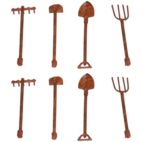 Set mit 4 Miniatur-Gartengeräten aus rostigem Metall für Puppenhäuser im Maßstab 1:12 – Schaufel, Hacke, Gabel