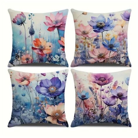 Set mit 4 modernen, quadratischen Kissenbezügen mit bunten Blumen – für Sofa, Bett, Auto, Wohnzimmer – 45 x 45 cm