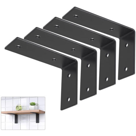 Set mit 4 robusten L-förmigen Wandhalterungen (12,7 x 7,6 x 4,6 cm), Edelstahl, für schwebende Wandregale, inklusive Befestigungsmaterial, schwarz