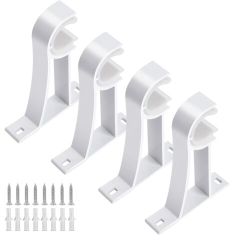 Set mit 4 robusten, weißen Gardinenstangenhalterungen inklusive Schrauben und Gardinenhaken für 2,5 bis 3,1 cm Wandgardinenstangen