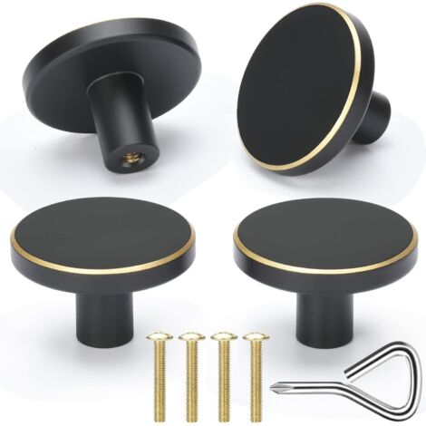 Set mit 4 runden Möbelgriffen aus Messing, runde Griffe für Küchenschubladen, Schlafzimmer, Badezimmer (schwarz + gold)