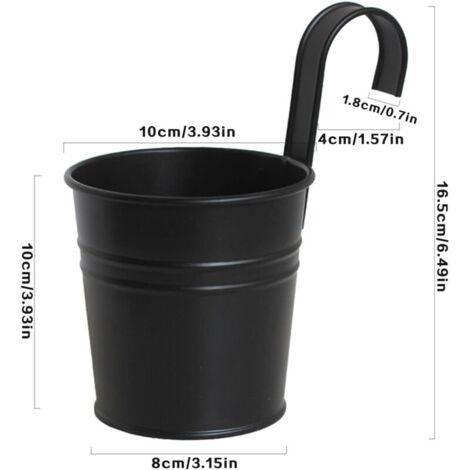 Set mit 4 schwarzen Metall-Hängeblumentöpfen mit abnehmbarem Haken für den Außenbereich, Innenbereich, Zaun, Balkon, Garten und als Dekoration für Zuhause.