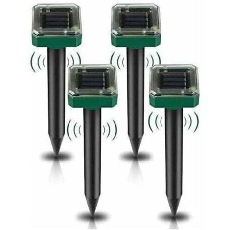 Set mit 4 solarbetriebenen Ultraschall-Abwehrgeräten, solarbetriebenes Maulwurf- und Mäuseabwehrmittel für den Außenbereich im Garten, gegen Maulwürfe, Wühlmäuse, Taschenratten, Schlangen oder andere 