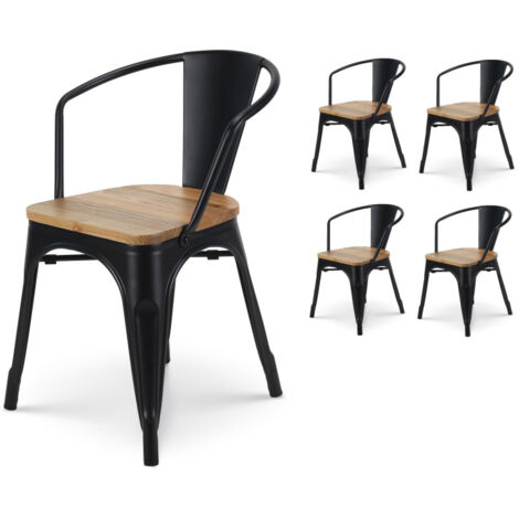 Set mit 4 Stühlen aus mattschwarzem Metall im Industriestil mit Sitz aus hellem Holz - mit Armlehnen