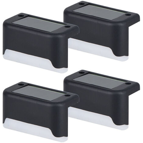 Set mit 4 wasserdichten LED-Solar-Zaunleuchten, 8 x 4,5 x 5 cm, warmweißes Licht, ideal für Terrassen, Treppen und Gehwege.