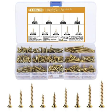 Set mit 410 universellen selbstschneidenden Schrauben für Holz (M3, M3,5 und M4), Flachkopf, für Blech, mit Senkkopf.