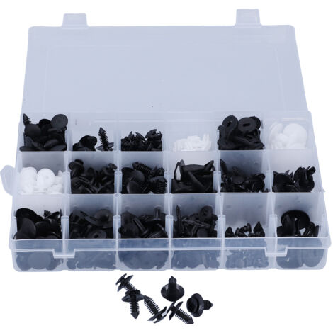 Set mit 415 ABS-Karosserieclips und verschiedenen Kunststoffnieten, 18 Modelle, in einer Box