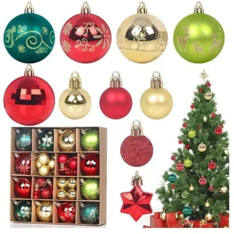 Set mit 44 farbigen Weihnachtskugeln, mehrfarbige Weihnachtskugeln, rot, grün, gold, unzerbrechlich, aus Kunststoff, sortiert und leuchtend, zum Aufhängen als Weihnachtsdekoration.
