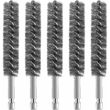 Set mit 5 Edelstahl-Bohrbürsten, Drahtbürste zur Bohrreinigung, Drahtbürste, Edelstahlbürste mit sechseckigem Schaftgriff, für Metall und Stein