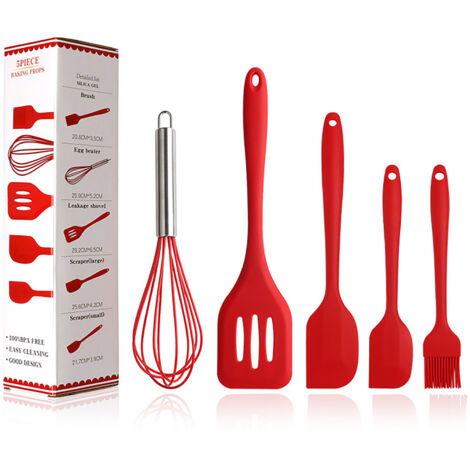 Set mit 5 hitzebeständigen Küchenhelfern aus Silikon: Schneebesen, Pinsel und Spatel zum Kochen und Backen