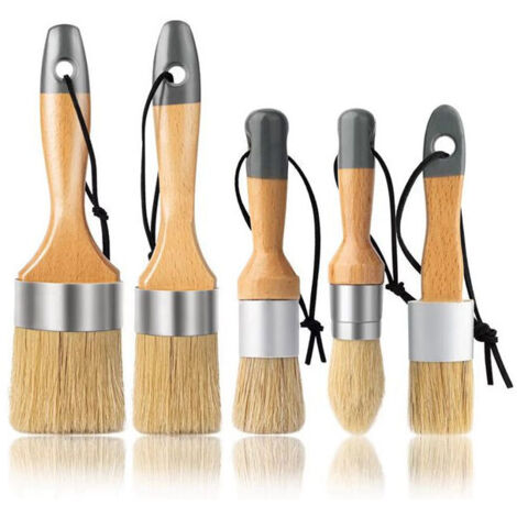 Set mit 5 Kreide- und Wachspinseln – für Mal- und Wachsprojekte – Naturborsten vom Wildschwein, ergonomische Griffe, Milchfarbe, Schablonenpinsel für Holzmöbel