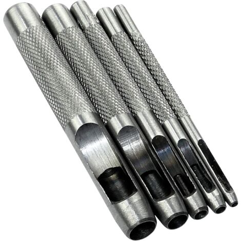 Set mit 5 Stanzwerkzeugen/Stanzwerkzeug/Locher 2/3/4/6/8 mm – Hohlstanzer zum Herstellen von Löchern – Gürtel/Leder/Kork/Stoff/Uhrenarmband – Hammer – Stahl
