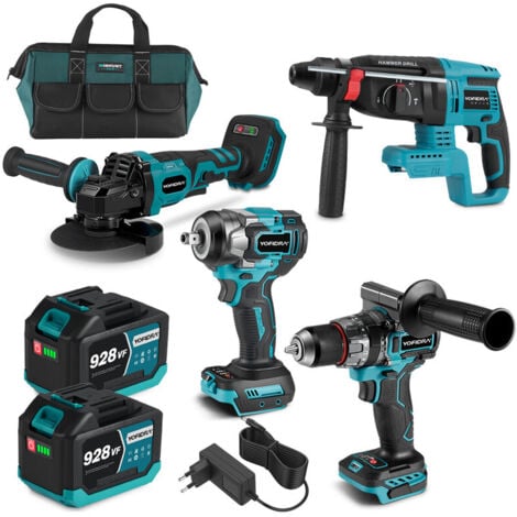 ONEVAN Set mit 5 verschiedenen Elektrowerkzeugen Schlagschrauber 700 Nm + Schlagbohrmaschine 13 mm + Schlagbohrmaschine 26 mm + Winkelschleifer 125 mm + Zwei 928 Vf Akkus und Ladegerät