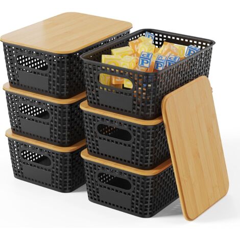 Set mit 6 Aufbewahrungsboxen aus Bambus mit Deckel, Organizer-Boxen für Badezimmer, Küche, Schränke und Haushalt (Schwarz, 5L)