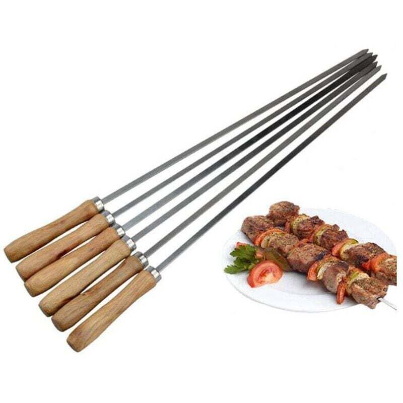 Image of Set mit 6 flachen Edelstahlspießen mit Holzgriffen zum Grillen, 42 cm