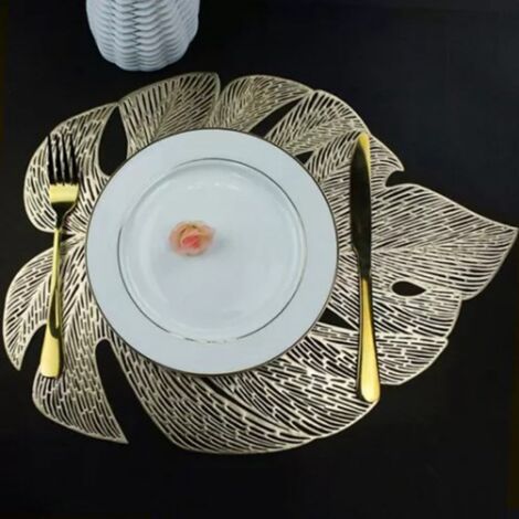 Set mit 6 hitzebeständigen PVC-Tischsets in Form eines natürlich ausgehöhlten goldenen Blattes (33 x 45 cm)