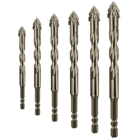 Set mit 6 hochfesten Exzenter-Spiralbohrern: vierschneidige Sägezähne, vierkantig gezahnt, vielseitig einsetzbar (4/5/6/8/10/12 mm)