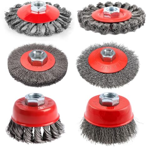 Set mit 6 M14-Drahtbürsten für Bohrmaschine/Schleifmaschine, 75 mm/100 mm Durchmesser, für Holz und Metall, zum Entfernen von Rost und Farbe