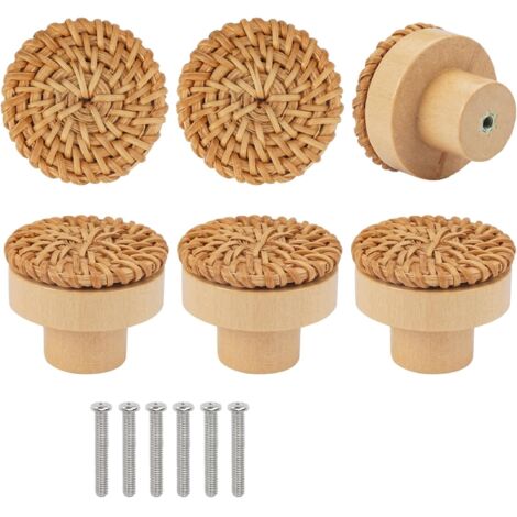 Set mit 6 Rattan-Möbelknöpfen, 4 x 3 cm, Vintage-Stil, rund, aus Holz, inklusive Schrauben. Für Kleiderschränke, Kommoden, Wohnzimmer- und Küchenschränke.