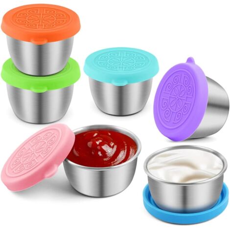 Set mit 6 Salatdressingbehältern aus Edelstahl mit auslaufsicheren Silikondeckeln – 40 ml – Kleine Gewürzbehälter aus Edelstahl – Für Snacks, Soßen, Salate, Gewürze