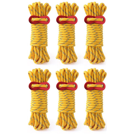 Set mit 6 ultraleichten, 4 mm starken, reflektierenden Zeltabspannleinen mit verstellbaren Aluminiumspannern, ideal für Camping, Wandern und Überlebenstraining in der Wildnis – Gelb
