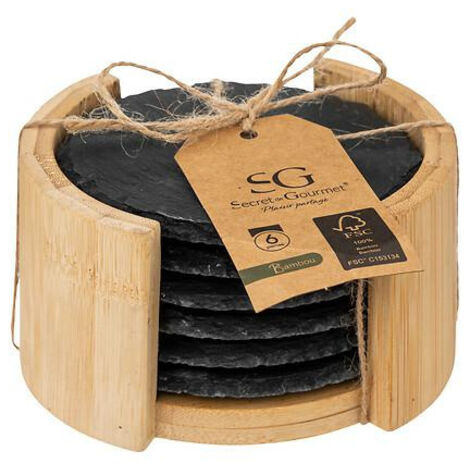 Set mit 6 Untersetzern aus Naturschiefer, Bambus-Organizer