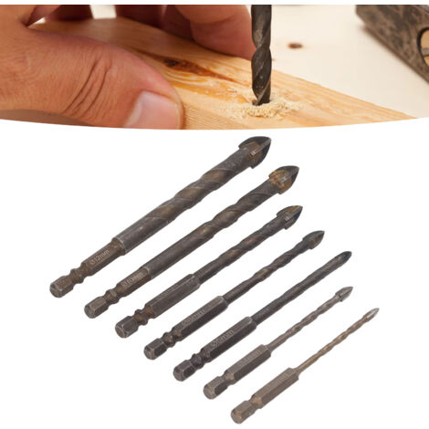 Set mit 7 Hartmetallbohrern für Glas, Keramik, Wände und Ziegel mit Sechskantspitzen und Kreuzdesign